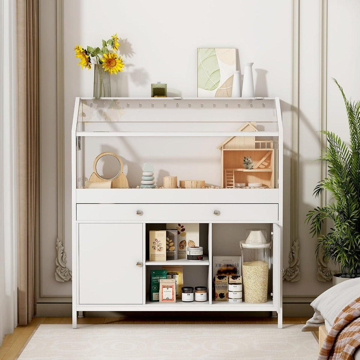 Hamster Cage with Storage Cabinet,43.3" Small Animal Cage with LED Lights and Fan, Easy View Acrylic Panel, Large Habitat for Guinea Pig, Hedgehog,Rat 43.3"x 15.7"x 43.3"