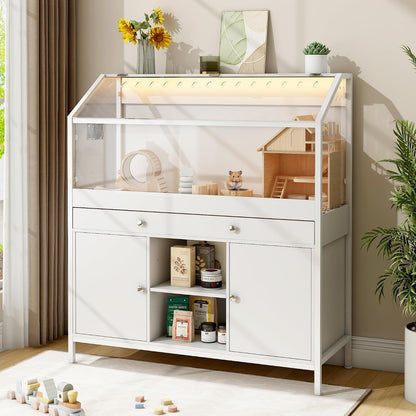 Hamster Cage with Storage Cabinet,43.3" Small Animal Cage with LED Lights and Fan, Easy View Acrylic Panel, Large Habitat for Guinea Pig, Hedgehog,Rat 43.3"x 15.7"x 43.3"