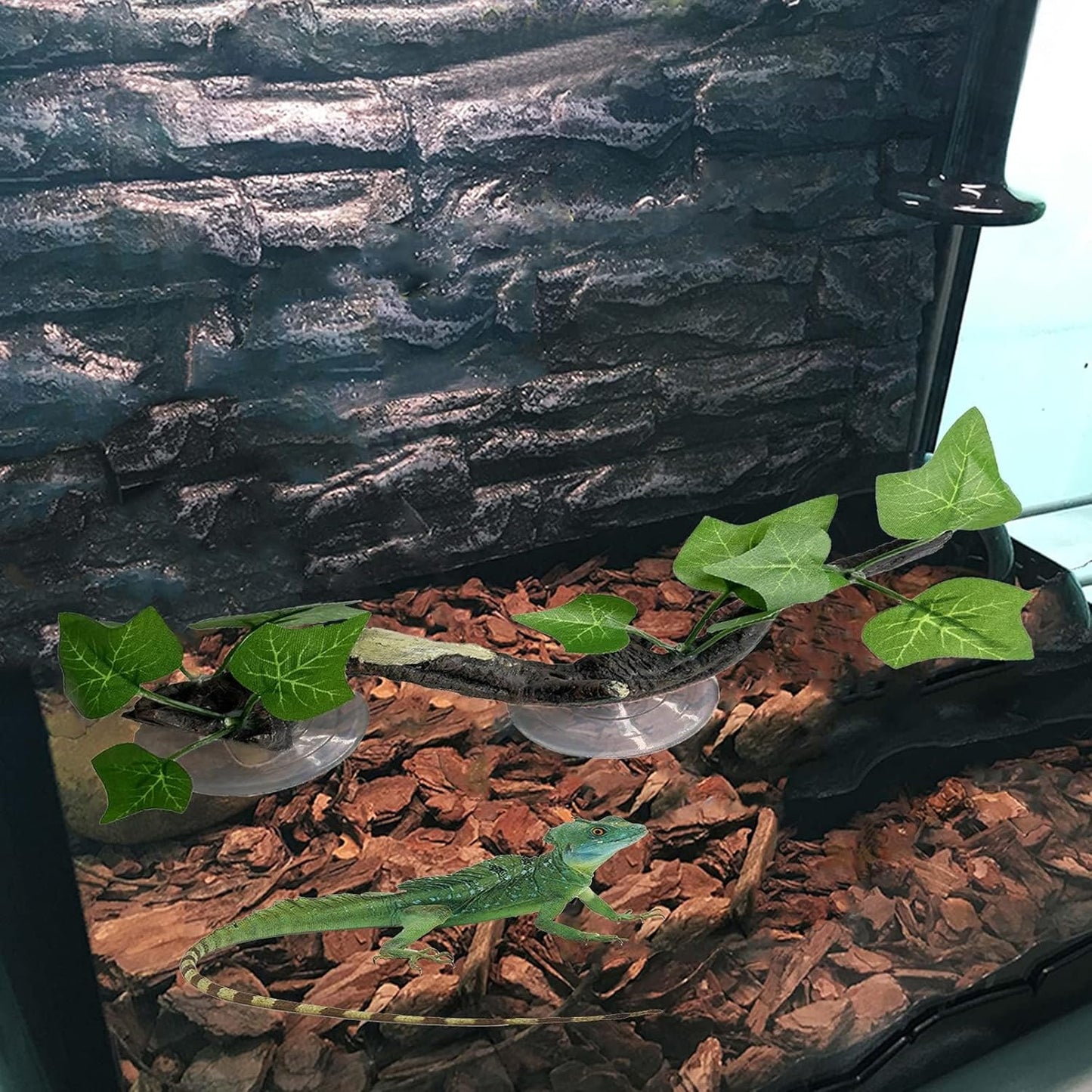 Reptile Corner Branch Resin Climb Tree Branch Decor with Leaves Terrarium Plant Decoration with Suction Cup Gecko Plant Ornament for Amphibian Lizard Snake Climbing (1 Pcs)