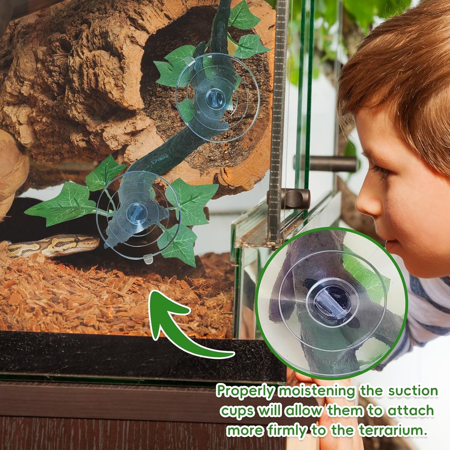 Reptile Corner Branch Resin Climb Tree Branch Decor with Leaves Terrarium Plant Decoration with Suction Cup Gecko Plant Ornament for Amphibian Lizard Snake Climbing (1 Pcs)