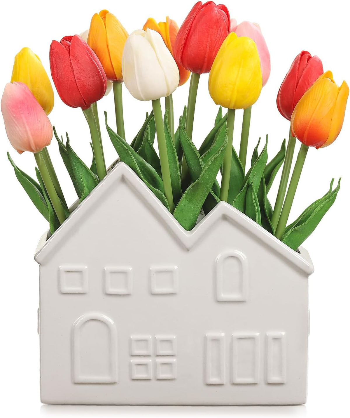 Artificial Tulips Flowers in Ceramic Pot, Real Touch Fake Tulips PU Flower Arrangement, Faux Tulips Potted for Dining Table Centerpiece, Home Office Bathroom Decorations Everyday Decor
