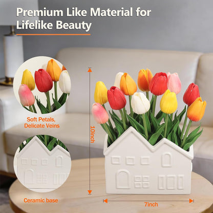 Artificial Tulips Flowers in Ceramic Pot, Real Touch Fake Tulips PU Flower Arrangement, Faux Tulips Potted for Dining Table Centerpiece, Home Office Bathroom Decorations Everyday Decor