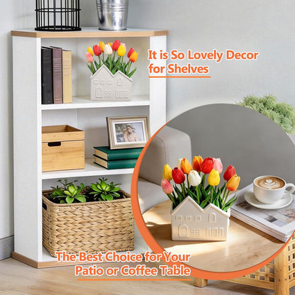 Artificial Tulips Flowers in Ceramic Pot, Real Touch Fake Tulips PU Flower Arrangement, Faux Tulips Potted for Dining Table Centerpiece, Home Office Bathroom Decorations Everyday Decor