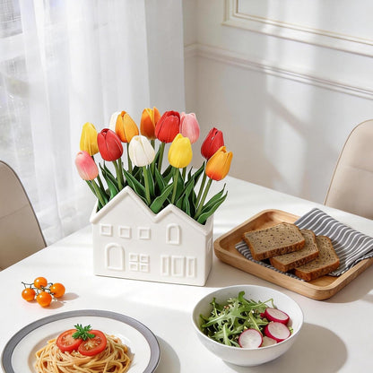 Artificial Tulips Flowers in Ceramic Pot, Real Touch Fake Tulips PU Flower Arrangement, Faux Tulips Potted for Dining Table Centerpiece, Home Office Bathroom Decorations Everyday Decor