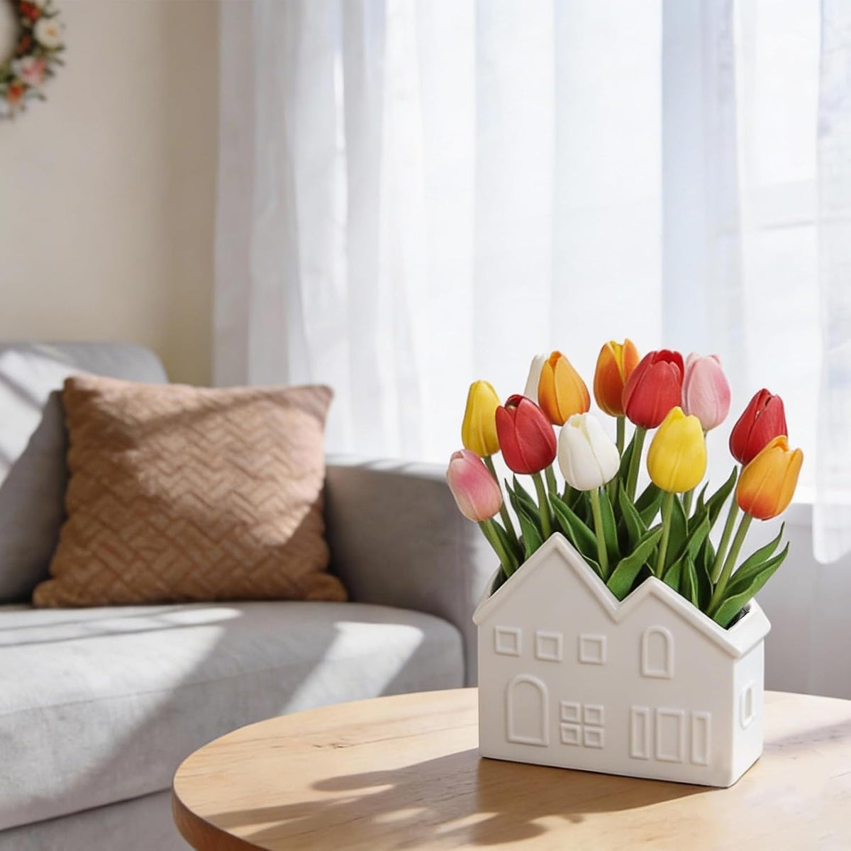 Artificial Tulips Flowers in Ceramic Pot, Real Touch Fake Tulips PU Flower Arrangement, Faux Tulips Potted for Dining Table Centerpiece, Home Office Bathroom Decorations Everyday Decor