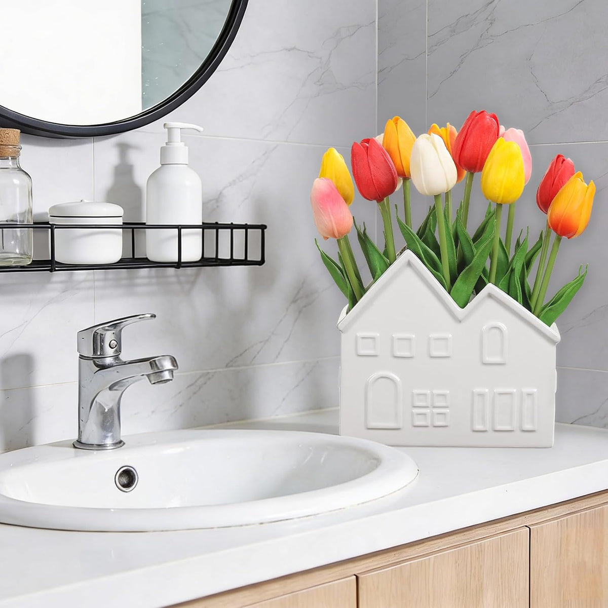 Artificial Tulips Flowers in Ceramic Pot, Real Touch Fake Tulips PU Flower Arrangement, Faux Tulips Potted for Dining Table Centerpiece, Home Office Bathroom Decorations Everyday Decor