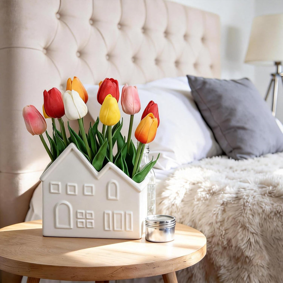 Artificial Tulips Flowers in Ceramic Pot, Real Touch Fake Tulips PU Flower Arrangement, Faux Tulips Potted for Dining Table Centerpiece, Home Office Bathroom Decorations Everyday Decor