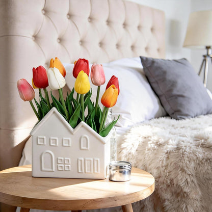 Artificial Tulips Flowers in Ceramic Pot, Real Touch Fake Tulips PU Flower Arrangement, Faux Tulips Potted for Dining Table Centerpiece, Home Office Bathroom Decorations Everyday Decor