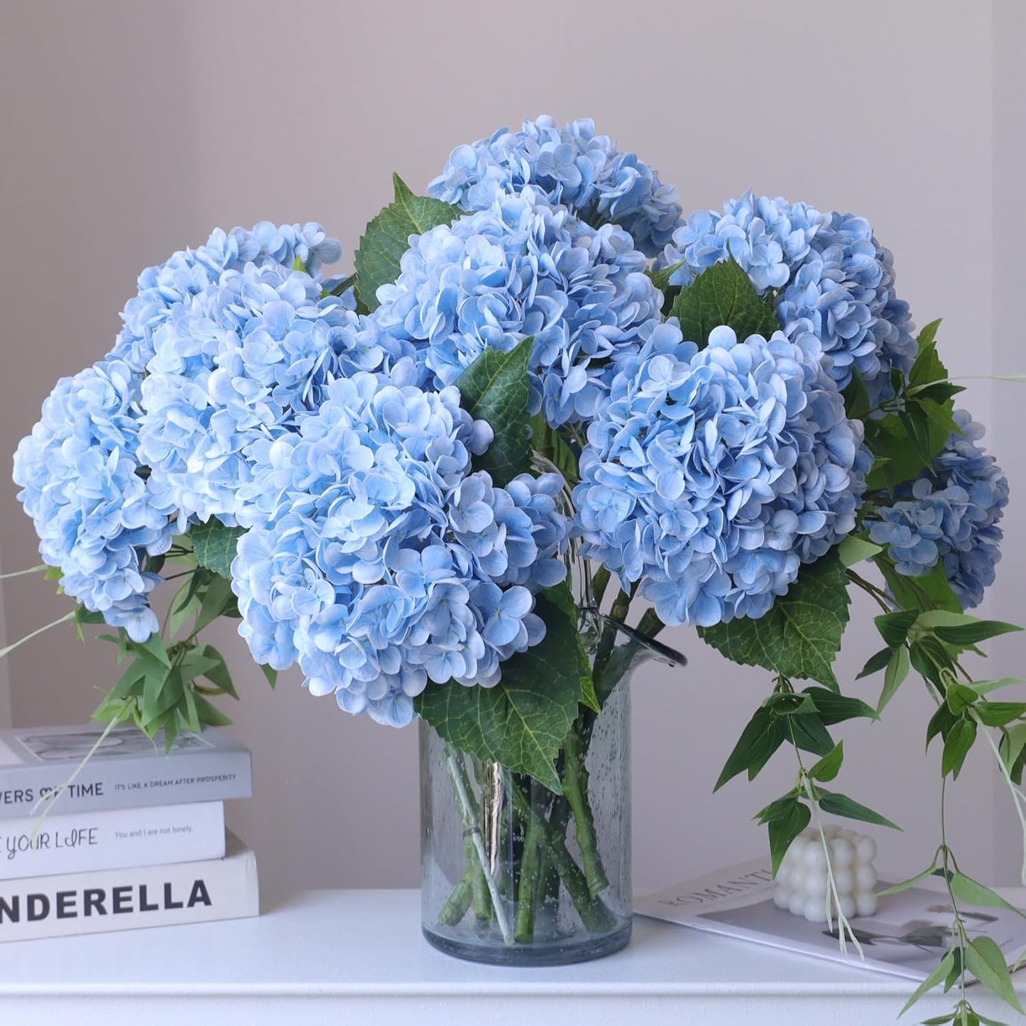 3PCS Long Stem Big Size Flowers Artificial Silk Hydrangea Lifelike Flowers Real Touch Blue Artificial Flowers Wedding Shower Bride Bouquets Office Living Room Table Decorations (21 Inch)