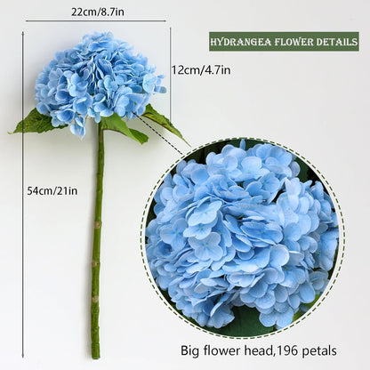 3PCS Long Stem Big Size Flowers Artificial Silk Hydrangea Lifelike Flowers Real Touch Blue Artificial Flowers Wedding Shower Bride Bouquets Office Living Room Table Decorations (21 Inch)