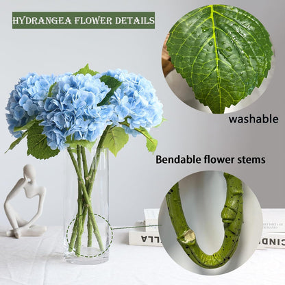3PCS Long Stem Big Size Flowers Artificial Silk Hydrangea Lifelike Flowers Real Touch Blue Artificial Flowers Wedding Shower Bride Bouquets Office Living Room Table Decorations (21 Inch)