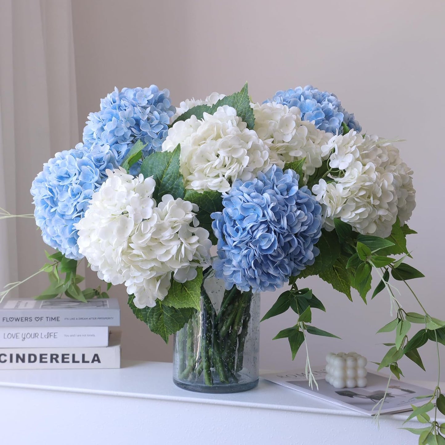 3PCS Long Stem Big Size Flowers Artificial Silk Hydrangea Lifelike Flowers Real Touch Blue Artificial Flowers Wedding Shower Bride Bouquets Office Living Room Table Decorations (21 Inch)