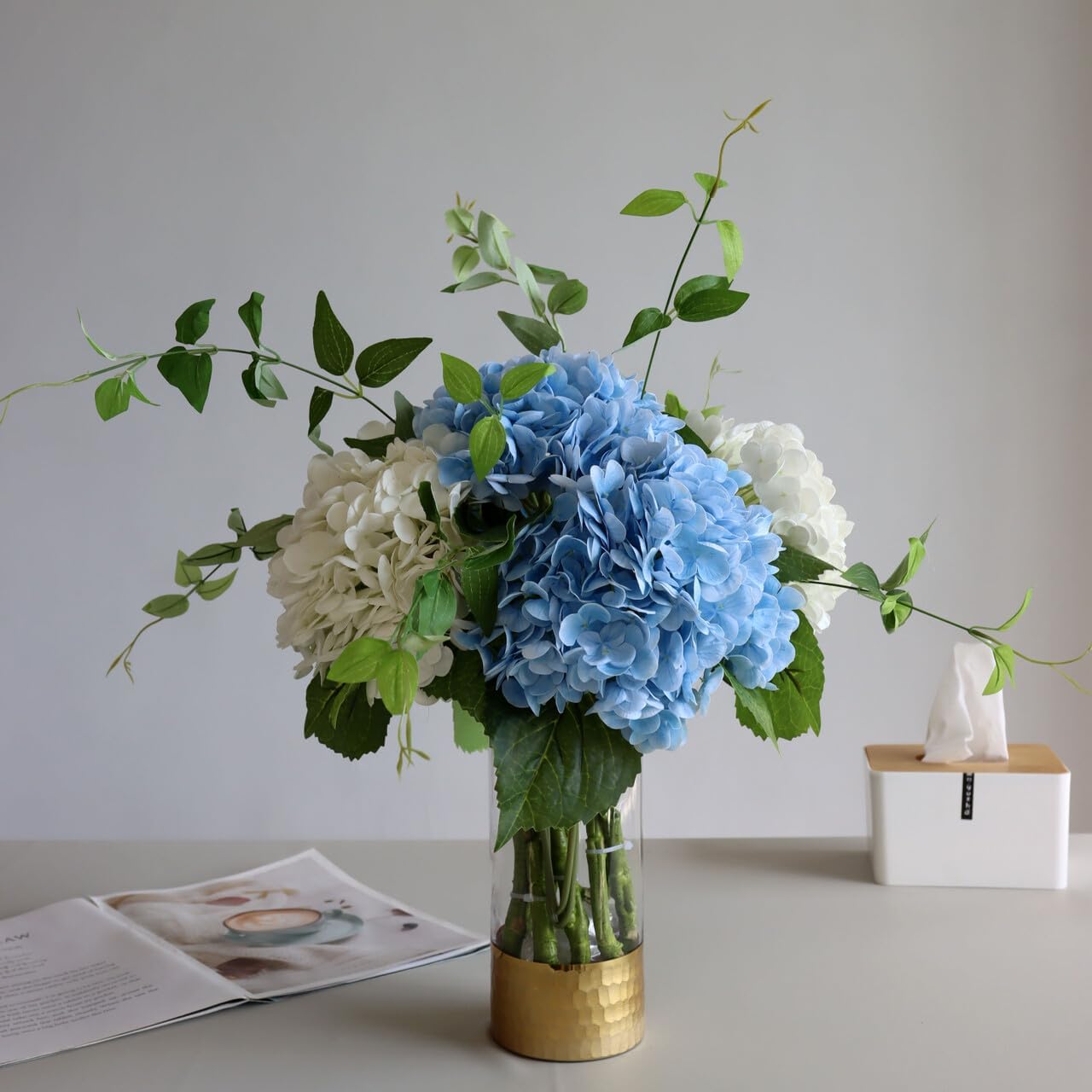 3PCS Long Stem Big Size Flowers Artificial Silk Hydrangea Lifelike Flowers Real Touch Blue Artificial Flowers Wedding Shower Bride Bouquets Office Living Room Table Decorations (21 Inch)