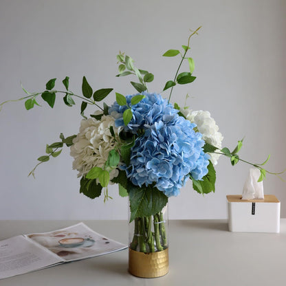 3PCS Long Stem Big Size Flowers Artificial Silk Hydrangea Lifelike Flowers Real Touch Blue Artificial Flowers Wedding Shower Bride Bouquets Office Living Room Table Decorations (21 Inch)