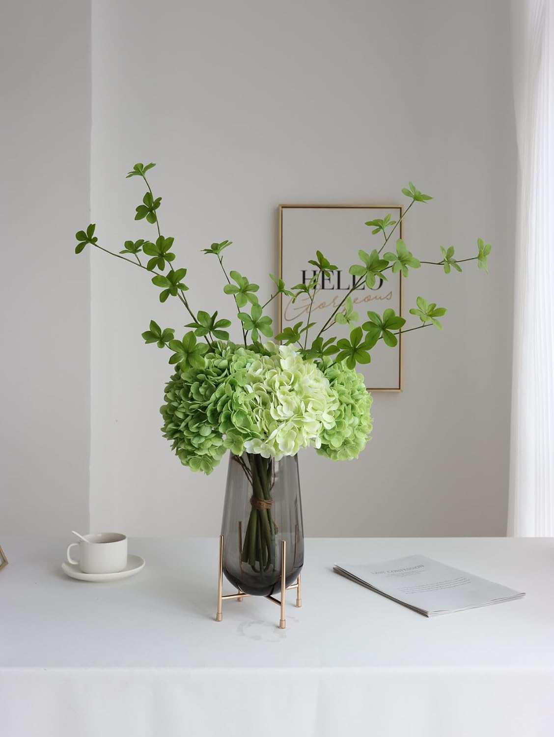 3PCS Long Stem Big Size Flowers Artificial Silk Hydrangea Lifelike Flowers Real Touch Blue Artificial Flowers Wedding Shower Bride Bouquets Office Living Room Table Decorations (21 Inch)
