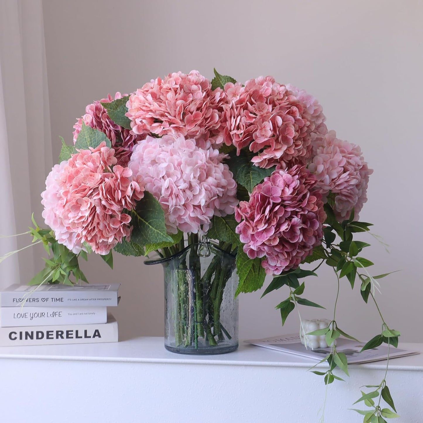 3PCS Long Stem Big Size Flowers Artificial Silk Hydrangea Lifelike Flowers Real Touch Blue Artificial Flowers Wedding Shower Bride Bouquets Office Living Room Table Decorations (21 Inch)