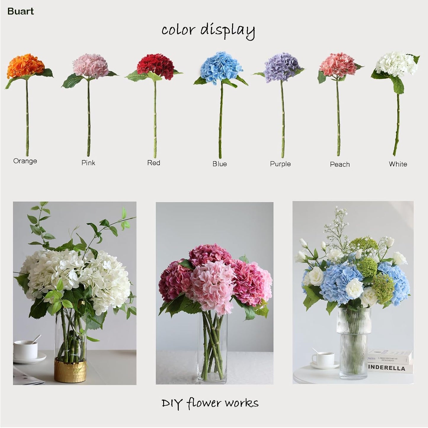 3PCS Long Stem Big Size Flowers Artificial Silk Hydrangea Lifelike Flowers Real Touch Blue Artificial Flowers Wedding Shower Bride Bouquets Office Living Room Table Decorations (21 Inch)