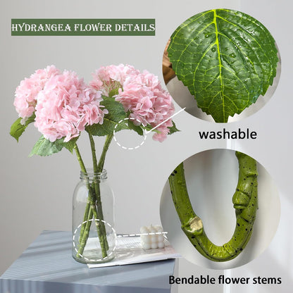 3PCS Long Stem Big Size Flowers Artificial Silk Hydrangea Lifelike Flowers Real Touch Blue Artificial Flowers Wedding Shower Bride Bouquets Office Living Room Table Decorations (21 Inch)