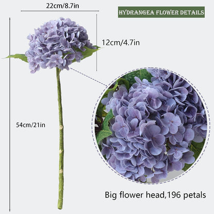 3PCS Long Stem Big Size Flowers Artificial Silk Hydrangea Lifelike Flowers Real Touch Blue Artificial Flowers Wedding Shower Bride Bouquets Office Living Room Table Decorations (21 Inch)