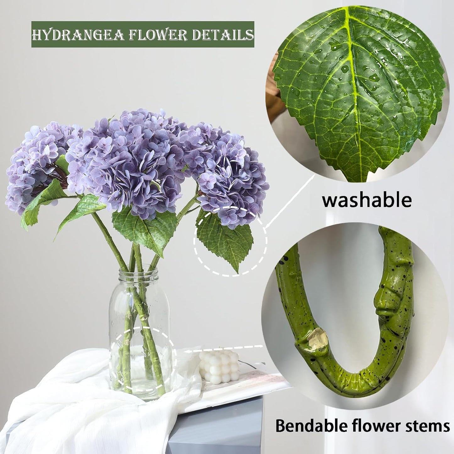 3PCS Long Stem Big Size Flowers Artificial Silk Hydrangea Lifelike Flowers Real Touch Blue Artificial Flowers Wedding Shower Bride Bouquets Office Living Room Table Decorations (21 Inch)