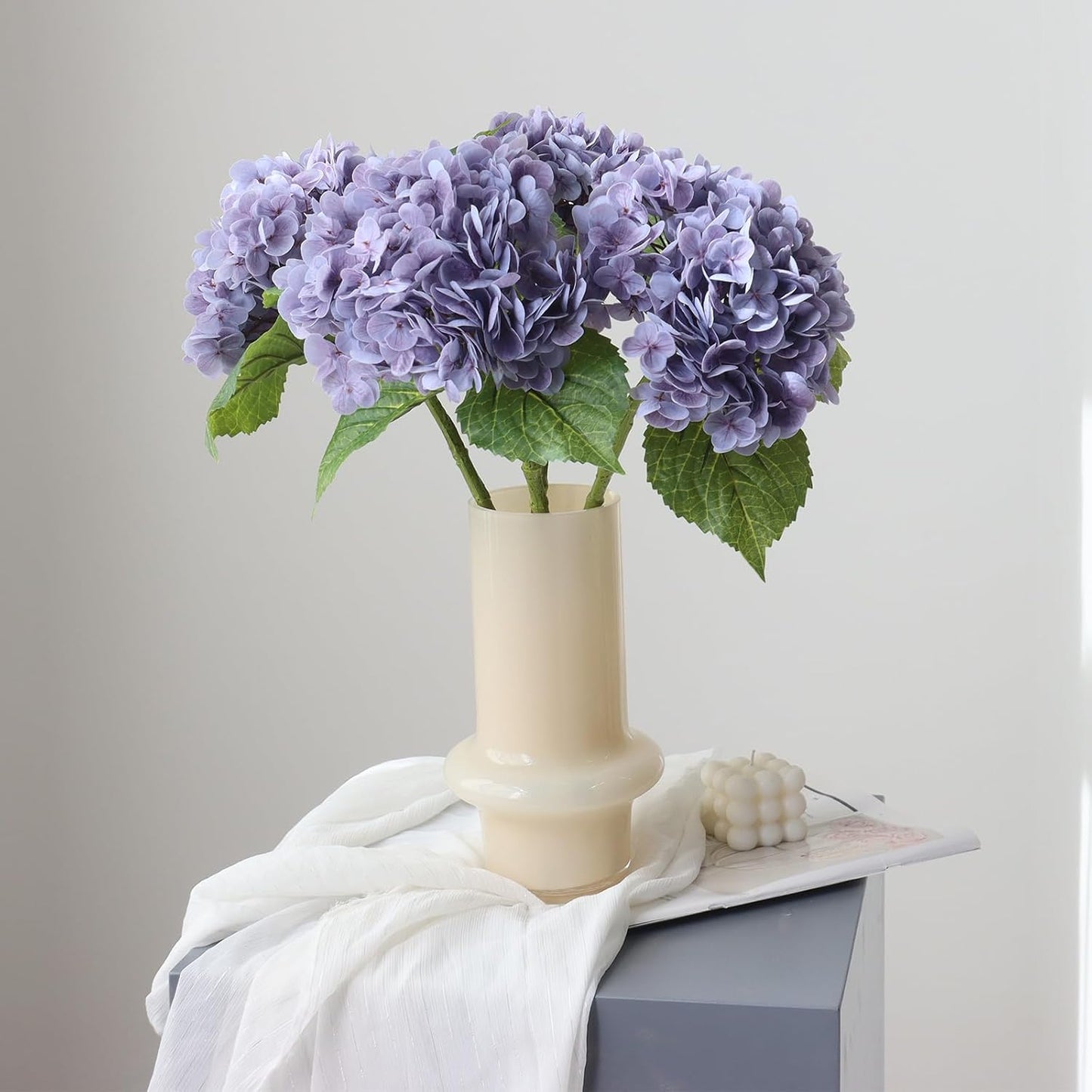 3PCS Long Stem Big Size Flowers Artificial Silk Hydrangea Lifelike Flowers Real Touch Blue Artificial Flowers Wedding Shower Bride Bouquets Office Living Room Table Decorations (21 Inch)