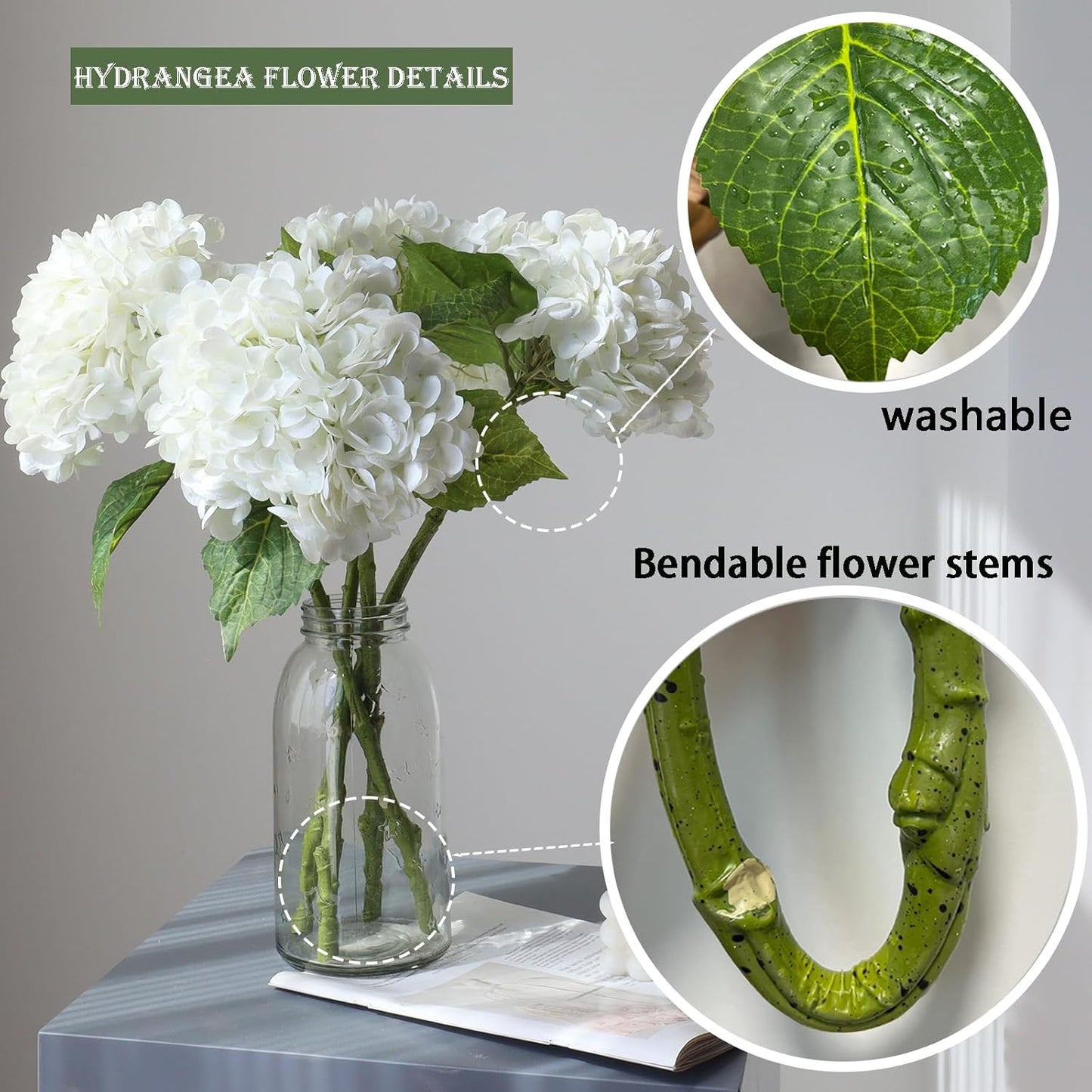 3PCS Long Stem Big Size Flowers Artificial Silk Hydrangea Lifelike Flowers Real Touch Blue Artificial Flowers Wedding Shower Bride Bouquets Office Living Room Table Decorations (21 Inch)