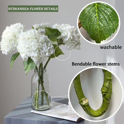 3PCS Long Stem Big Size Flowers Artificial Silk Hydrangea Lifelike Flowers Real Touch Blue Artificial Flowers Wedding Shower Bride Bouquets Office Living Room Table Decorations (21 Inch)