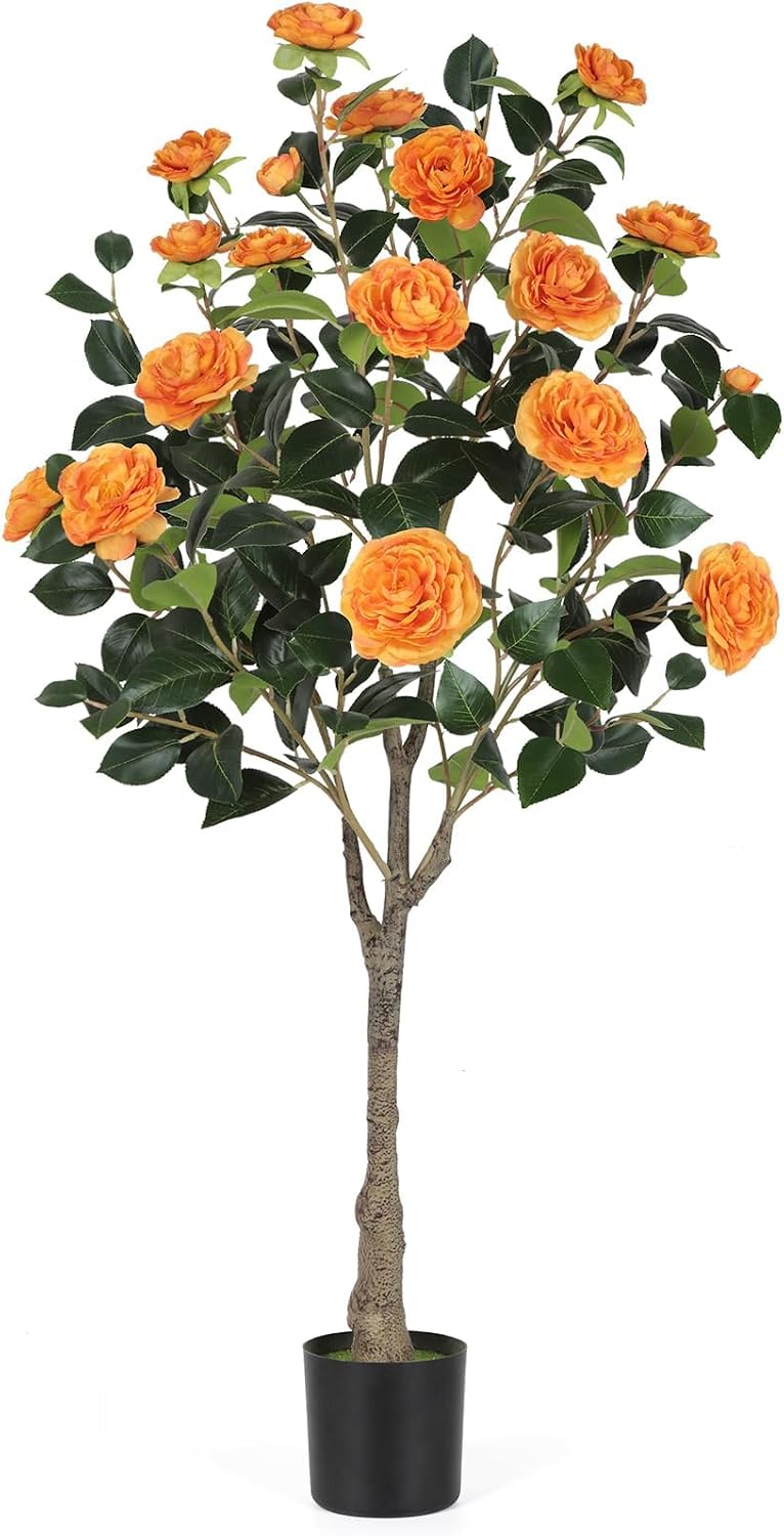 4FT Artificial Camellia Tree with Blooming Orange Flowers