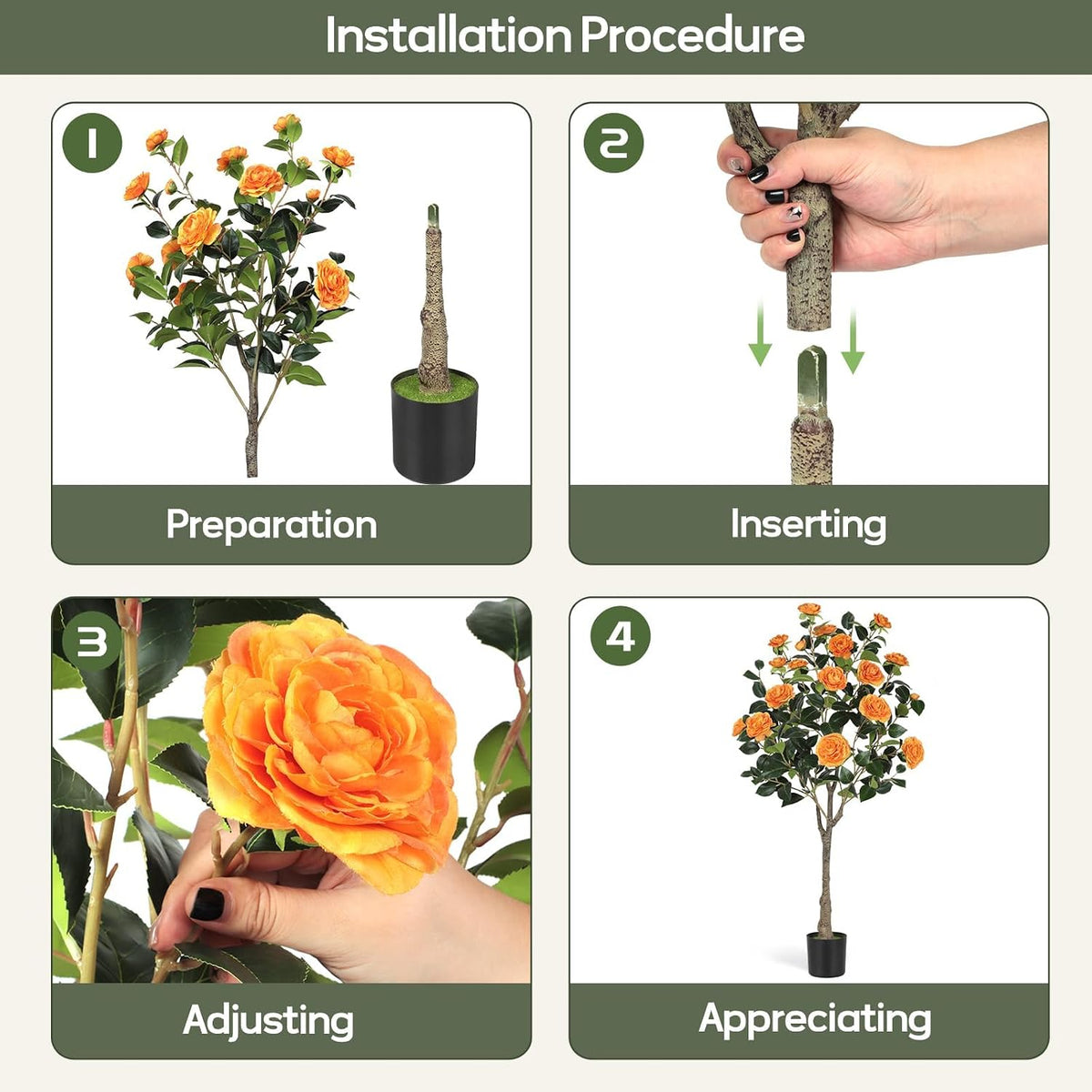4FT Artificial Camellia Tree with Blooming Orange Flowers