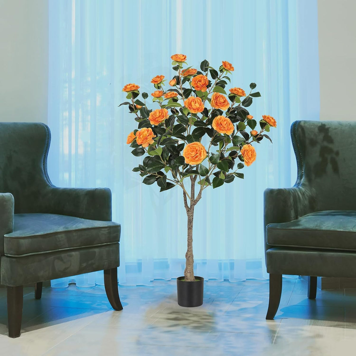 4FT Artificial Camellia Tree with Blooming Orange Flowers