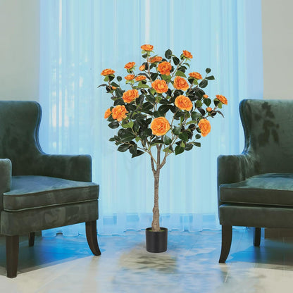 4FT Artificial Camellia Tree with Blooming Orange Flowers