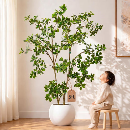 5ft Artificial Gardenia Tree Tall Fake Gardenia Mahonia Fortunei Tree with Black Pot, Lifelike Faux Plant for Indoor Outdoor Office Living Room Home Patio Greening Porch Decor