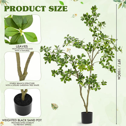 5ft Artificial Gardenia Tree Tall Fake Gardenia Mahonia Fortunei Tree with Black Pot, Lifelike Faux Plant for Indoor Outdoor Office Living Room Home Patio Greening Porch Decor