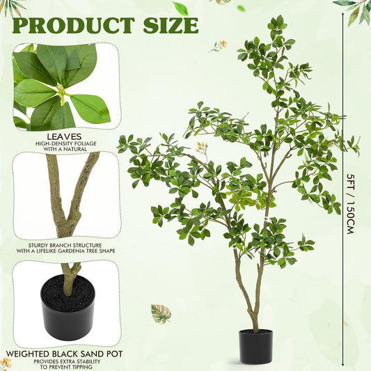 5ft Artificial Gardenia Tree Tall Fake Gardenia Mahonia Fortunei Tree with Black Pot, Lifelike Faux Plant for Indoor Outdoor Office Living Room Home Patio Greening Porch Decor