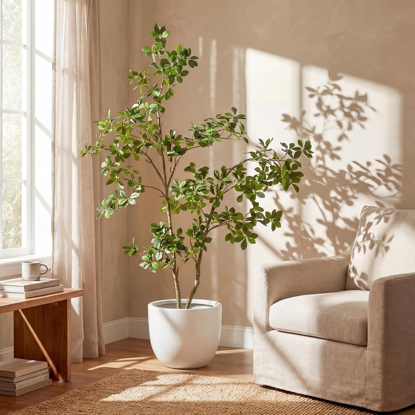 5ft Artificial Gardenia Tree Tall Fake Gardenia Mahonia Fortunei Tree with Black Pot, Lifelike Faux Plant for Indoor Outdoor Office Living Room Home Patio Greening Porch Decor