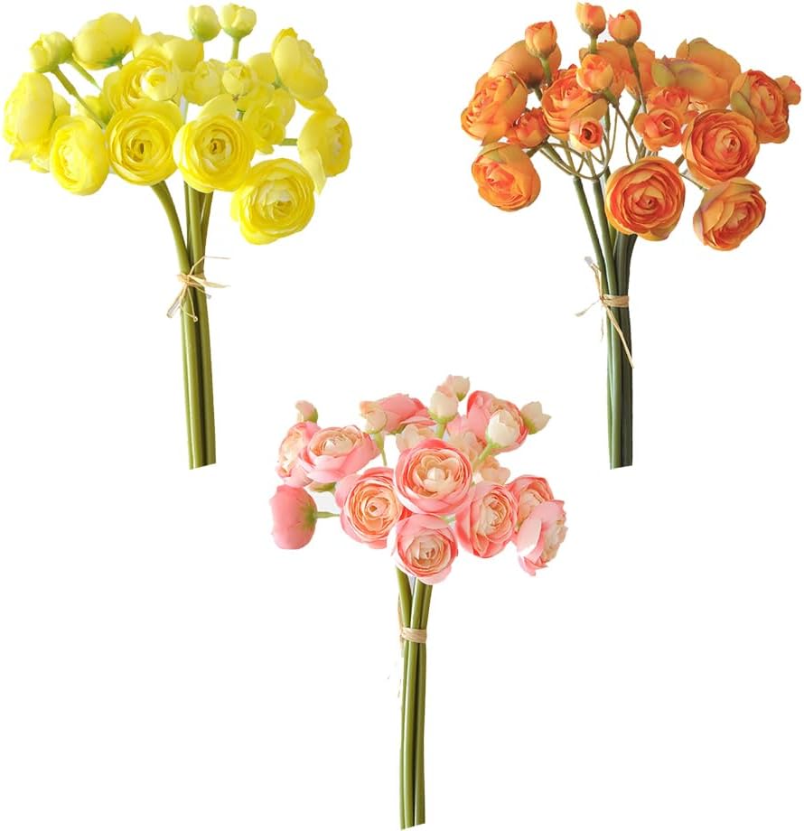 Ranunculus Artificial FlowersBundle 18Pcs Artificial Silk Mini Rose Flowers Persian Ranunculus Bouquet for Indoor Home Table Wedding Floral Arrangement (Orange)