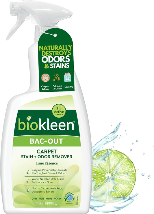 Bac-Out Enzyme Cleaner Spray and Stain & Odor Remover for Pet Stains, Laundry, Diapers, Wine, Carpets, & More, Eco-Friendly, Non-Toxic, Lime Scent, 32 Ounces