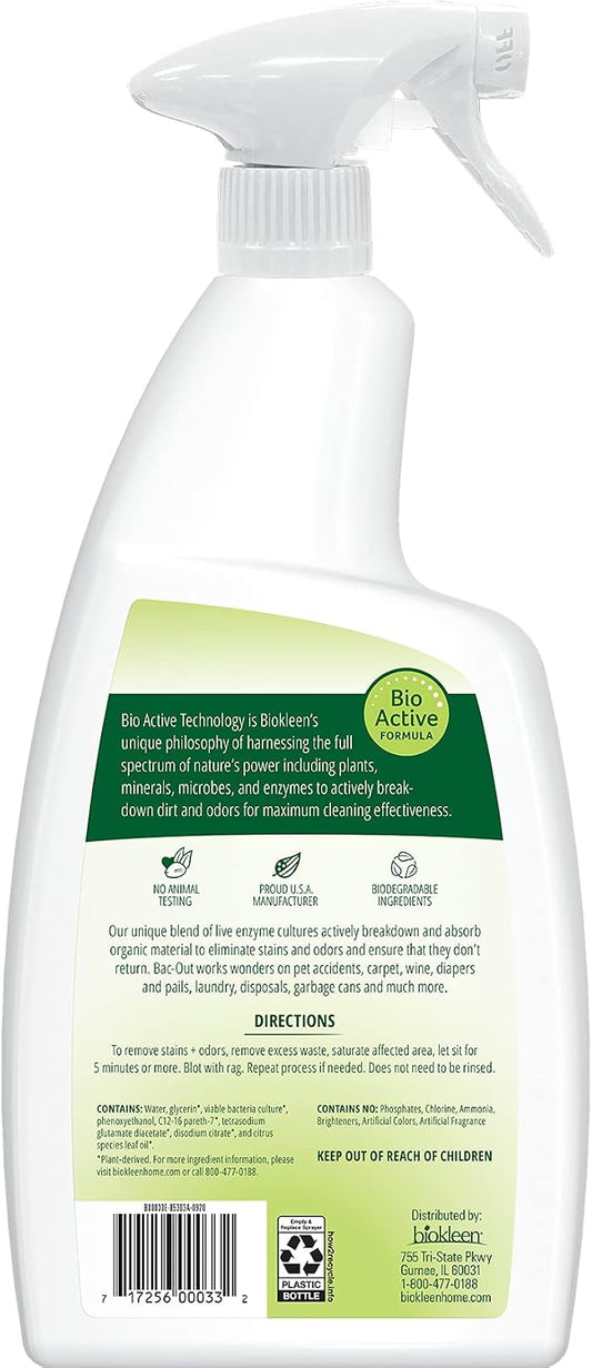 Bac-Out Enzyme Cleaner Spray and Stain & Odor Remover for Pet Stains, Laundry, Diapers, Wine, Carpets, & More, Eco-Friendly, Non-Toxic, Lime Scent, 32 Ounces