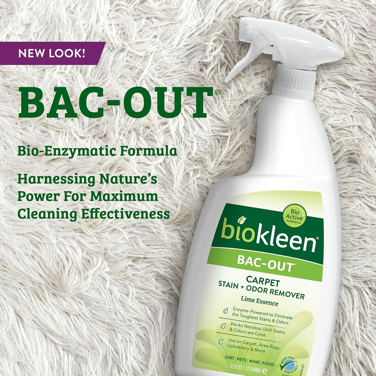 Bac-Out Enzyme Cleaner Spray and Stain & Odor Remover for Pet Stains, Laundry, Diapers, Wine, Carpets, & More, Eco-Friendly, Non-Toxic, Lime Scent, 32 Ounces