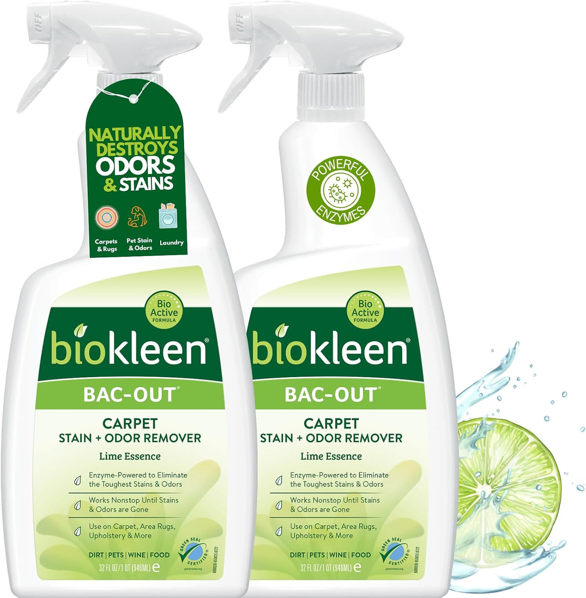 Bac-Out Enzyme Cleaner Spray and Stain & Odor Remover for Pet Stains, Laundry, Diapers, Wine, Carpets, & More, Eco-Friendly, Non-Toxic, Lime Scent, 32 Ounces