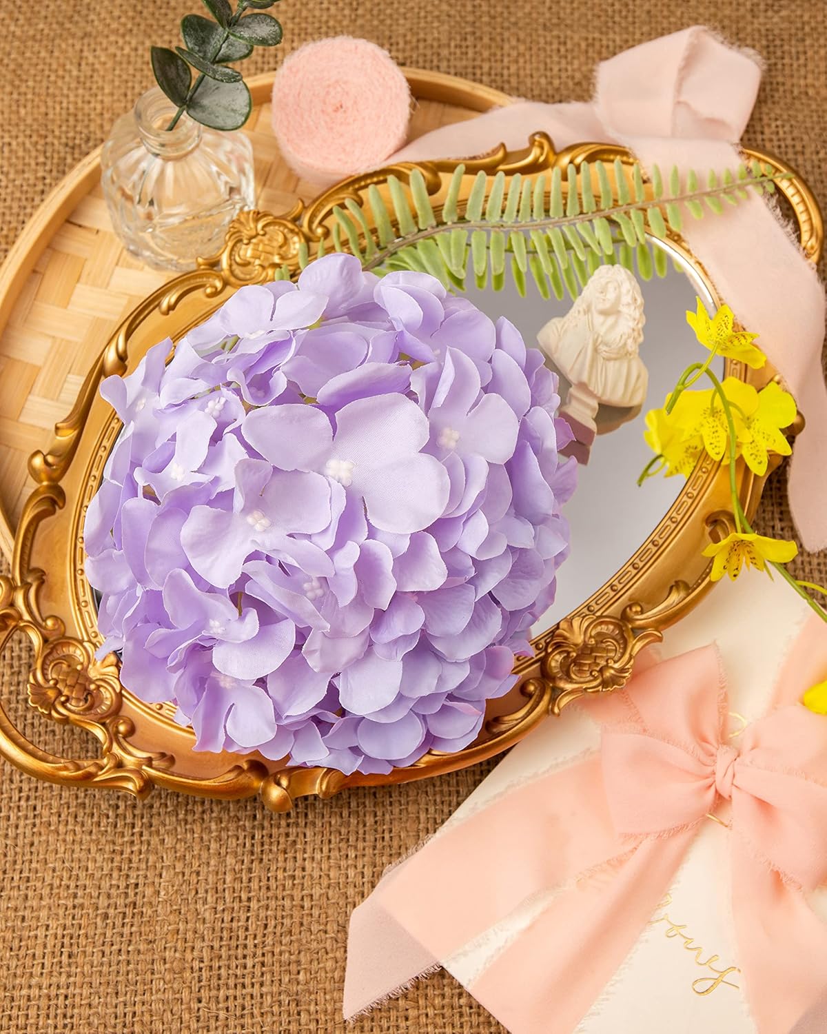 8.7" Silk Hydrangea Flower Heads with Stems, Lilac, Pack of 6