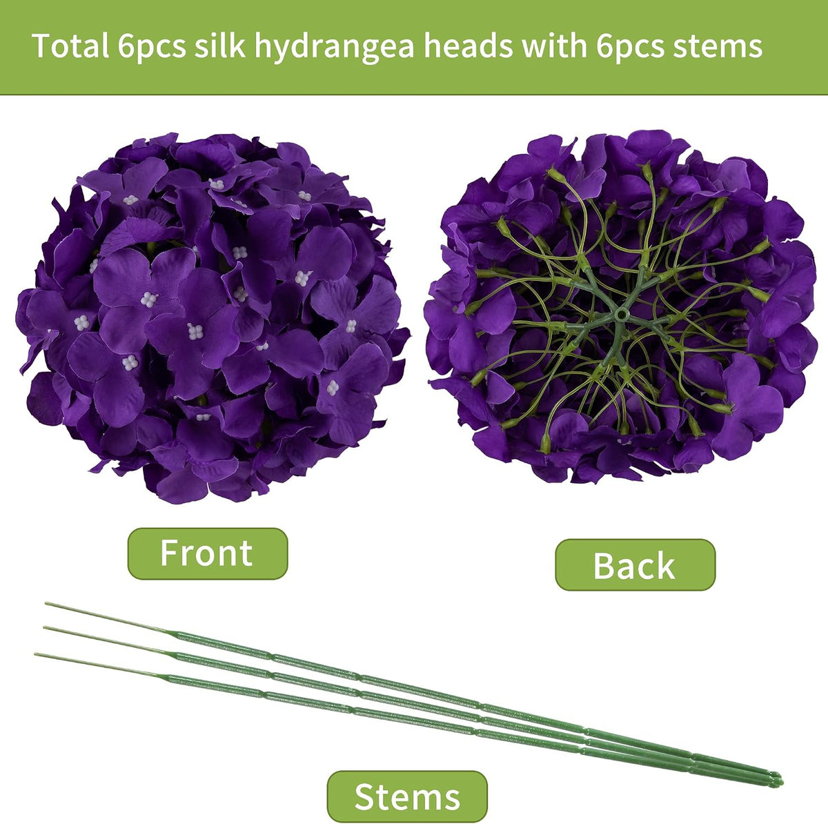 8.7" Silk Hydrangea Flower Heads with Stems, Lilac, Pack of 6