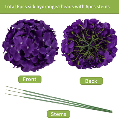 8.7" Silk Hydrangea Flower Heads with Stems, Lilac, Pack of 6