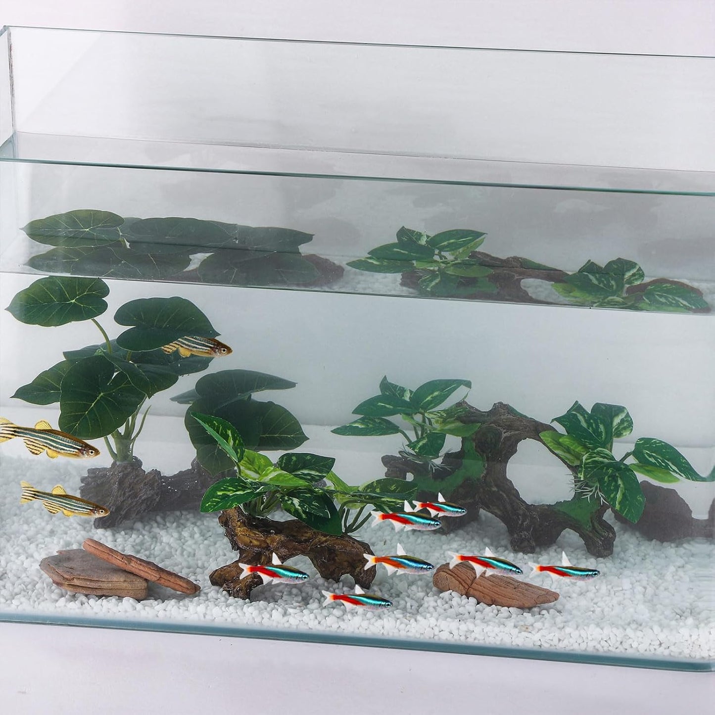 Artificial Aquarium Ornaments Silk Leaf Betta Fish Tank Decoration Driftwood Cave Decor for Reptiles Plants Driftwood Accessories