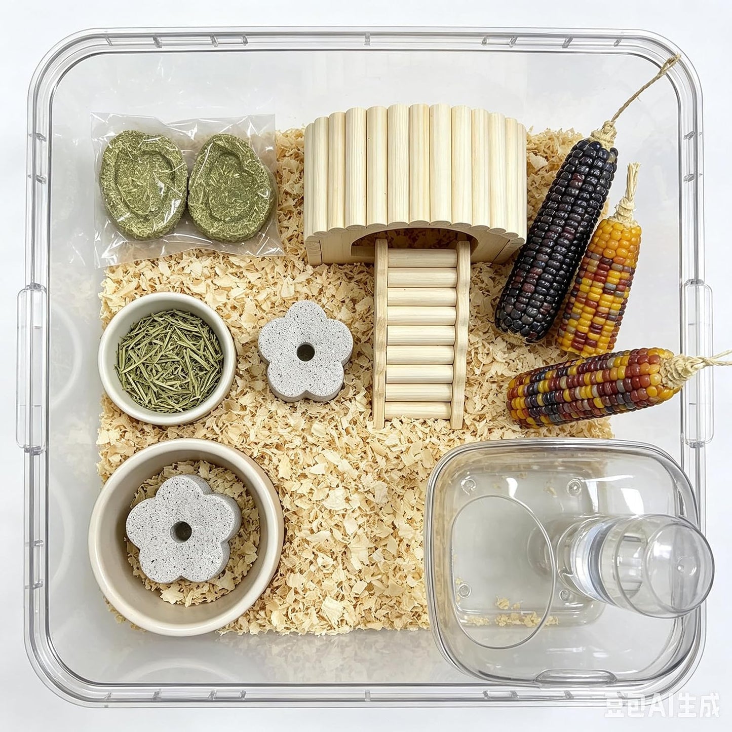 Hamster Cage Scenery Set Hamster Toy Products Transparent Hamster Nest with Ladder Golden Bear Grinding Rod Grass Cake Corn Grinding Stone Suitable for Flower Branch Mouse Macaroni Mouse Hamster, etc