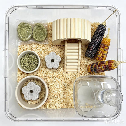 Hamster Cage Scenery Set Hamster Toy Products Transparent Hamster Nest with Ladder Golden Bear Grinding Rod Grass Cake Corn Grinding Stone Suitable for Flower Branch Mouse Macaroni Mouse Hamster, etc