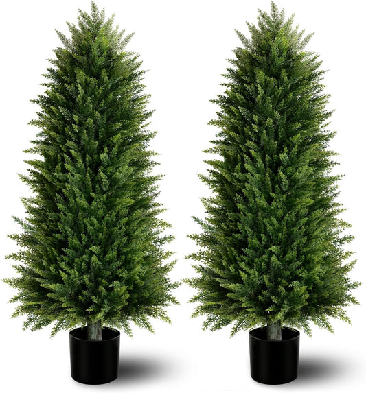 4FT Artificial Cedar Topiary Trees (2 Pack) - UV Resistant Fake Evergreen Shrubs with Extra Dense Foliage, Realistic Potted Faux Plants for Front Porch & Garden Decor