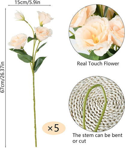 5 Bundles Artificial Eustoma Flowers, Silk Lisianthus with 4 Heads per Stem (27.5") - Realistic Fake Flowers UV Resistant for DIY, Wedding Centerpieces, Home Decor, Outdoor Porch Planter (Champagne)