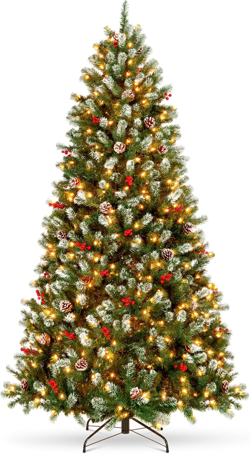 6ft Pre-Lit Pre-Decorated Spruce Hinged Artificial Christmas Tree w/ 798 Tips, Pinecones, Berries, 250 Lights, Metal Base
