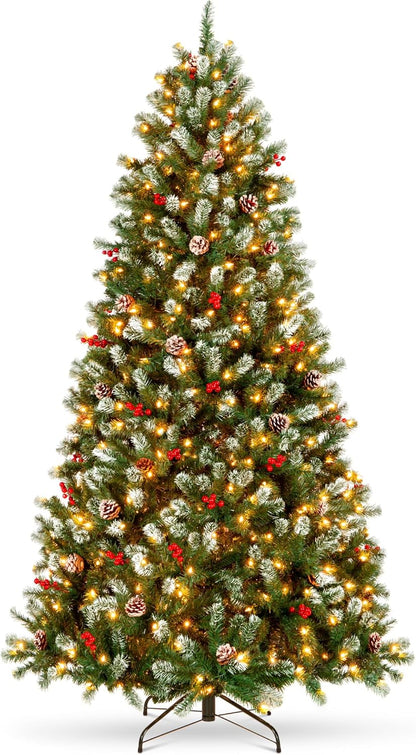 6ft Pre-Lit Pre-Decorated Spruce Hinged Artificial Christmas Tree w/ 798 Tips, Pinecones, Berries, 250 Lights, Metal Base